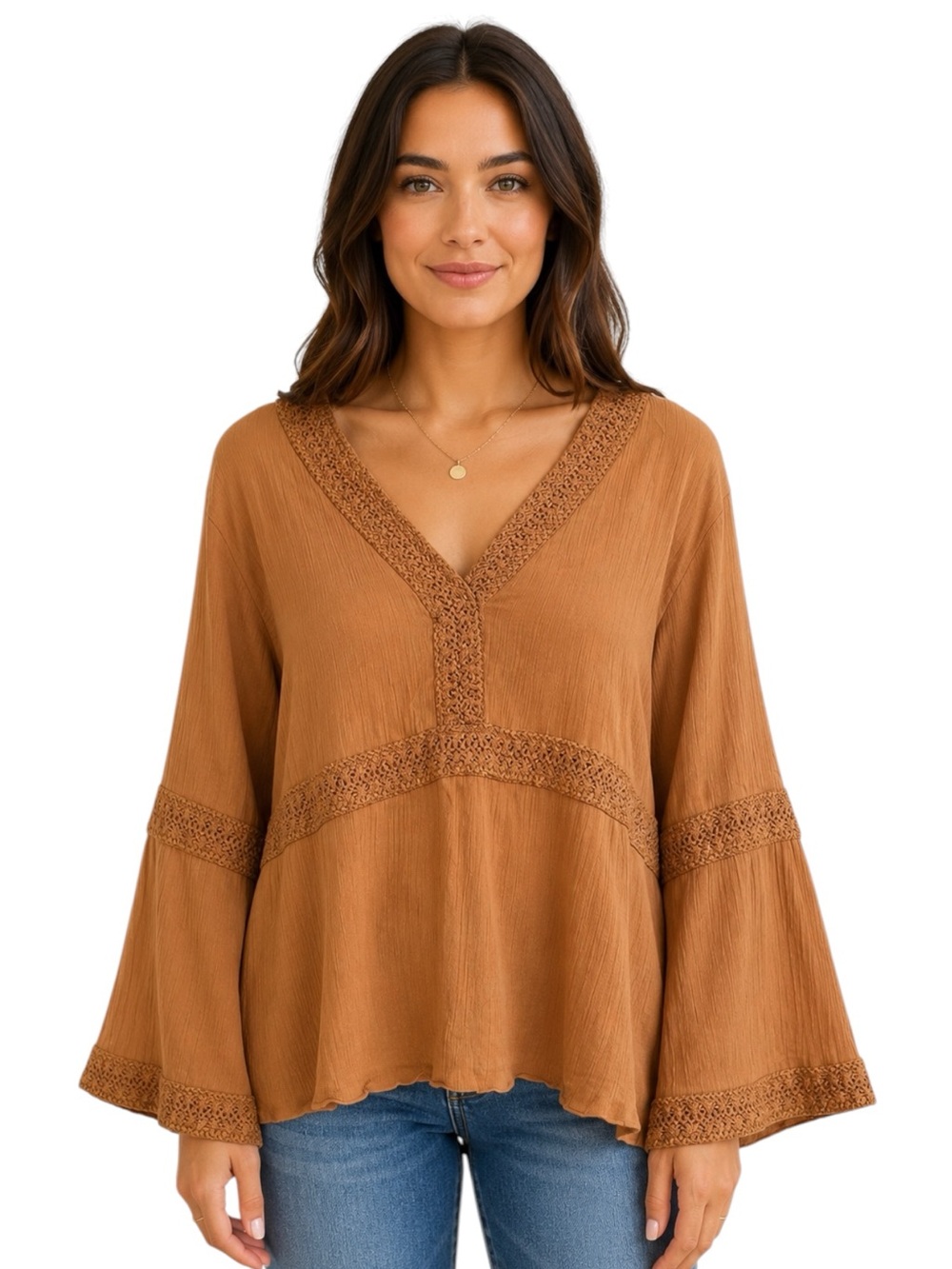 Unique Spectrum Brown Crochet Trim Peasant Blouse Women’s Size 1X
